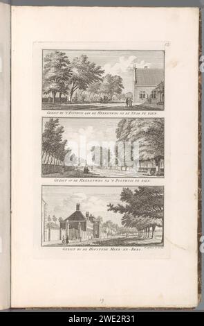 Volti sulla Herenweg vicino a Heemstede, 1763 stampa tre spettacoli. Boven: I Posthuis sull'Herenweg a Heemstede. Centro: L'Herenweg al Posthuis di Heemstede. In basso: Vista dell'Hofstede Meer e di Berg a Heemstede. Questa stampa fa parte di un album. Haarlem paper etching Lane, vicolo. Alloggi rurali, ad esempio casa di campagna, villa, cottage Heemstede. Altro e montagna Foto Stock