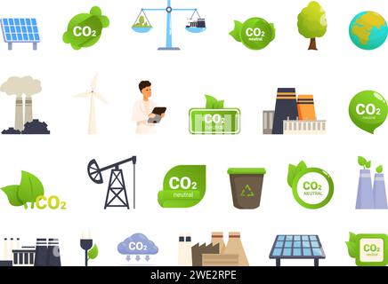 Le icone CO2 neutre impostano il vettore dei cartoni animati. Zero emissioni. Messa a terra eco clima Illustrazione Vettoriale