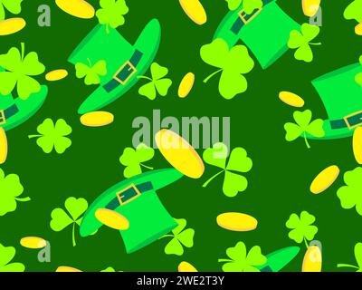 Modello senza cuciture con monete d'oro, foglie di trifoglio verde e cappello in leprechaun per St. Patrick's Day. Simboli della festa irlandese. Design natalizio per wallp Illustrazione Vettoriale