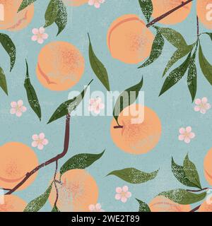 Diramazione di pesca in fiore e motivo senza cuciture. Illustrazione vettoriale in stile Vintage Illustrazione Vettoriale