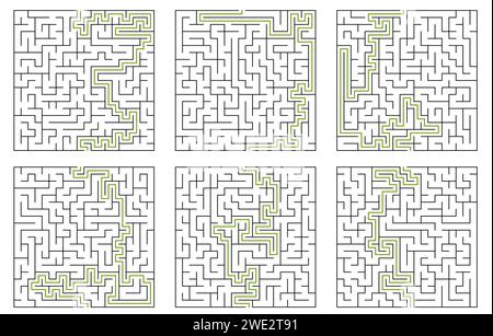 Labyrinth - Puzzle for Kids presenta 6 labirinti quadrati Illustrazione Vettoriale