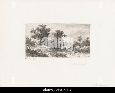 Riposante cacciatore lungo una strada di campagna, Johannes Pieter van Wenksh, 1830 - 1878 stampa a destra di un cavallo e di un'auto su una strada di campagna. A sinistra un cacciatore che riposa con un cane in uno spazio aperto. In lontananza un mulino e una torre di chiesa. In alto a destra il numero 13. Strada di incisione della carta dei Paesi Bassi, percorso. hunter. Riposo - BB - fuori porta. cane Foto Stock