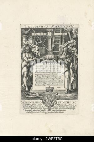 L'Agnello con libro con i sette francobolli, Crispijn van de Passe (i), dopo Maerten de Vos, 1591 stampa altare con l'Agnello che giace sul libro con i sette francobolli (op. 5). L'altare è fiancheggiato da Giovanni Battista e San Paolo. Sull'altare un testo di dieci righe da Filippesi in latino. Sullo sfondo gli strumenti della passione. Sopra la mostra il titolo del libro in latino. A margine una didascalia in latino e lo stemma di Massimiliano III, arciduca d'Austria. Carta di Anversa che incide gli strumenti della passione e i cinque arti feriti. Il libro con i sette sigilli in trono  Apocalisse Foto Stock