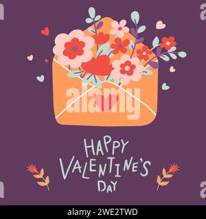 Biglietto di San Valentino. Lettera con fiori e lettere a mano su sfondo viola. Piatto. Illustrazione vettoriale dei cartoni animati Illustrazione Vettoriale