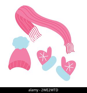 Set di cappello rosa a maglia, sciarpa e guanti. Semplici icone piatte in stile cartone animato. Illustrazione vettoriale isolata su sfondo bianco. Illustrazione Vettoriale