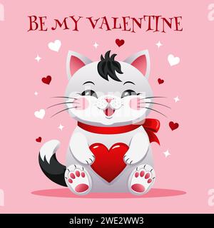 Biglietto d'auguri con un gatto e un cuore per San Valentino. Biglietto di San Valentino con simpatici animali in stile cartoni animati. Illustrazione vettoriale. Illustrazione Vettoriale