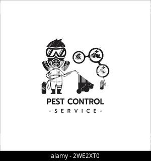 Modello con logo Pest Control Service silhouette isolata con tuta uomo in protezione dotata di cilindro chimico silhouette isolata su bac bianco Illustrazione Vettoriale