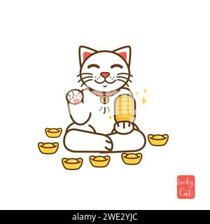 Carino Maneki Neko bianco, un gatto giapponese fortunato che regge una moneta d'oro. Buona fortuna Feng Shui Kitty Drawing. Isolato su sfondo bianco illustr vettoriale Illustrazione Vettoriale