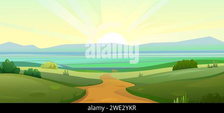 Strada per valle con campi. Montagne all'orizzonte. Paesaggio paesaggio. Divertente stile cartoni animati. Vettore Illustrazione Vettoriale