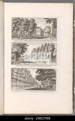 Volti sulla Herenweg vicino ad Haarlem, 1763 stampa tre spettacoli. Boven: The Herenweg in Haarlem all'Hofstede Bosch en Vaart. Centro: Herenweg ad Haarlem presso l'Hofstede Bosch e Hoven. Sotto: L'Herenweg (nell'attuale Heemstede) presso l'Hofstede Oud Berkenrode. Questa stampa fa parte di un album. Haarlem paper etching Lane, vicolo. Alloggi rurali, ad esempio casa di campagna, villa, cottage Haarlem. Heemstede. Bosch e Hoven Foto Stock