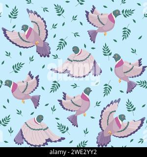 Modello senza cuciture con colombe volanti. Uccelli urbani con foglie verdi. Animale volante in diverse pose. Stampa divertente per il tessuto. Tessuti decorativi, involucro Illustrazione Vettoriale