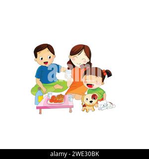 Deliziosa famiglia che mangia fruttato con un animale domestico isolato su sfondo bianco illustrazione vettoriale Illustrazione Vettoriale