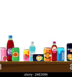 Bottiglie di succo. Bottiglie per snack e bevande sugli scaffali del bar Illustrazione Vettoriale