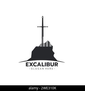 Immagine stilizzata del modello del logo Excalibur, tatuaggio della silhouette Excalibur, Spada in pietra concept Excalibur su sfondo bianco illustrazione vettoriale Illustrazione Vettoriale