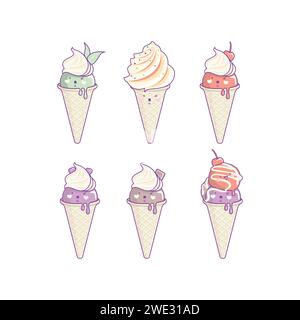Cono gelato in stile kawaii isolato su sfondo bianco illustrazione vettoriale Illustrazione Vettoriale