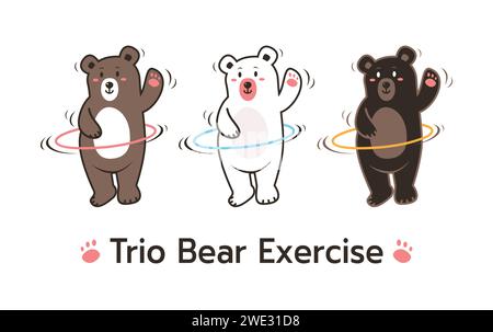 Set vettoriale in stile cartoni animati di tre orsi diversi: marrone grizzly, nero e polare. Trio Bear che gioca hula hoop personaggio dei cartoni animati isolati su whi Illustrazione Vettoriale