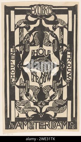 Ex Libris della Hou'en Trouw Association, Carel Adolph Lion Cachet, 1916 stampa al centro due mani che si scuotono a vicenda. Sinistra verticalmente 'Hou' e ', sulla destra verticale' Faithful '. Uccelli stilizzati sopra e sotto. Carta di Amsterdam che stringe la mano, "dextrarum junctio". Birds Amsterdam Foto Stock
