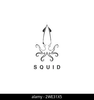 Splendido logo Icon line ART Squid , immagine stilizzata del modello isolato del logo Squid, silhouette del tatuaggio Squid su sfondo bianco illustrazione vettoriale Illustrazione Vettoriale