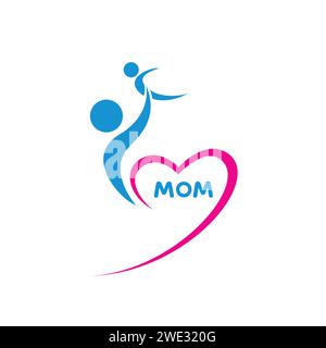 Mamma, bambino e cuore. Modello logo. Segno di cura della madre. Simbolo dell'amore dei genitori. Illustrazione vettoriale. Icona madre e bambino. Modello con logo Vector Design Illustrazione Vettoriale