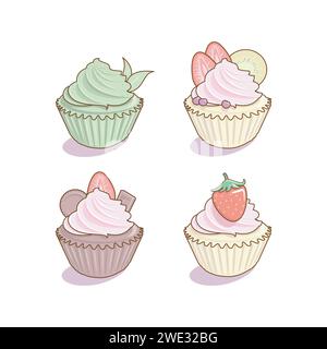 Personaggio cupcake cartoni animati in stile kawaii, dolce torta isolata su sfondo bianco illustrazione vettoriale Illustrazione Vettoriale