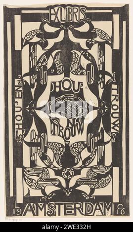 Ex Libris della Hou'en Trouw Association, Carel Adolph Lion Cachet, 1916 stampa al centro due mani che si scuotono a vicenda. Sinistra verticalmente 'Hou' e ', sulla destra verticale' Faithful '. Uccelli stilizzati sopra e sotto. Carta di Amsterdam che stringe la mano, "dextrarum junctio". Birds Amsterdam Foto Stock