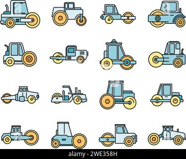 Set di icone dei rulli stradali per lavori edili. Set di contorni delle icone vettoriali dei rulli stradali per edilizia linea sottile con colore piatto su bianco Illustrazione Vettoriale