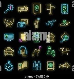 Set di icone del tour guidato. Insieme di icone vettoriali del tour guidato di colore neon su nero Illustrazione Vettoriale