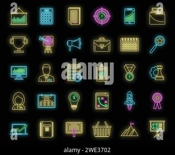 Set di icone Business Product Manager. Serie di profili delle icone vettoriali di Business Product Manager colore neon su nero Illustrazione Vettoriale