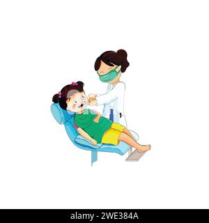 Simpatica bambina che apre Big Mouth al cartone animato dentista piatto isolato su sfondo bianco illustrazione vettoriale Illustrazione Vettoriale