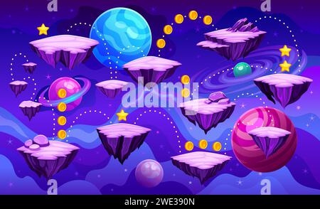 Mappa livello spazio. Gioco arcade 2D Flying platform cartoon galassia sfondo futuro astronomia livelli di asteroide pianeta alieno, videogioco per computer illustrazione vettoriale del livello fantasy dell'interfaccia utente spaziale Illustrazione Vettoriale