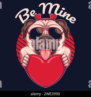 Illustrazione vettoriale cuore abbraccio cane Pug per la tua azienda o marca Illustrazione Vettoriale