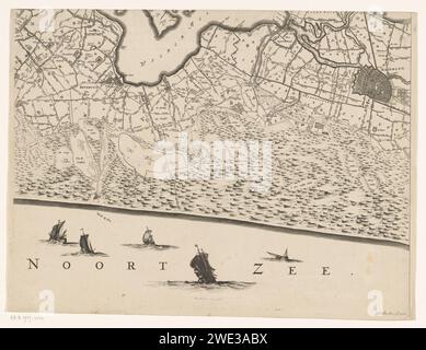 Mappa di Haarlem e della zona circostante e parte della provincia di Noord-Holland e una parte del Mare del Nord, Coenraet Decker, 1680 - 1811 stampa sedicesima di una mappa di Kennemerland e Frisia occidentale. Numerato in basso a destra: 16. Con la griglia. Giornale di Amsterdam. matita. Incisione a inchiostro / mappe a penna di paesi o regioni diversi Kennemerland. Friesland occidentale. Olanda settentrionale Foto Stock