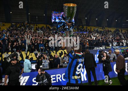 Riyadh, Arabia Saudita. 22 gennaio 2024. Marcus Thuram (Inter) durante la finale italiana della SuperCup tra il Napoli 0-1 Inter allo stadio al-Awwal il 22 gennaio 2024 a Riyad, Italia. Credito: Maurizio Borsari/AFLO/Alamy Live News crediti: Aflo Co.. Ltd./Alamy Live News Foto Stock