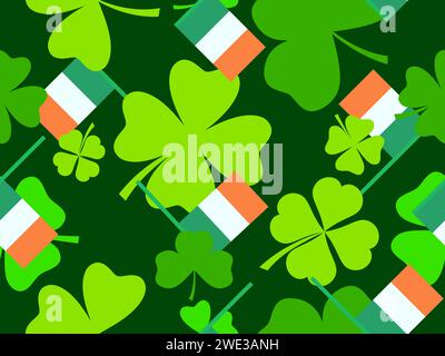 Motivo senza cuciture con bandiera irlandese e foglie di trifoglio per St. Patrick's Day. Simboli della festa irlandese. Design natalizio per carta da parati, banner e copertina Illustrazione Vettoriale