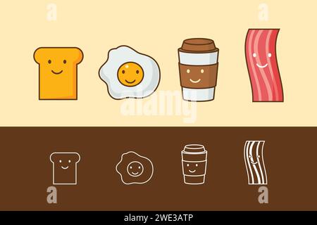 Migliori amici. Colazione. Buon giorno. Set di carini cartoni animati con caffè, uova, prosciutto e toast. Illustrazione vettoriale. Illustrazione Vettoriale