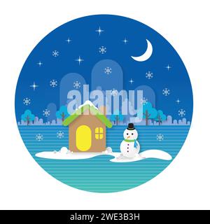 Paesaggio naturale con montagne, pupazzi di neve, foreste, case, colline. Illustrazione vettoriale del disegno piatto Illustrazione Vettoriale