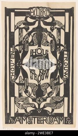 Ex Libris della Hou'en Trouw Association, Carel Adolph Lion Cachet, 1916 stampa al centro due mani che si scuotono a vicenda. Sinistra verticalmente 'Hou' e ', sulla destra verticale' Faithful '. Uccelli stilizzati sopra e sotto. Carta di Amsterdam che stringe la mano, "dextrarum junctio". Birds Amsterdam Foto Stock