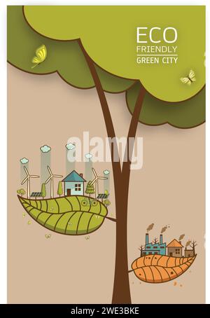 Il diverso paesaggio ambientale fabbrica e foresta, concetto di ecologia della terra verde informazioni verdi con ecologia e città verde di energia sa Illustrazione Vettoriale