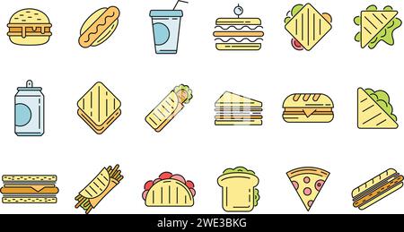 Set di icone della barra a sandwich. Contorno insieme di icone vettoriali a barra a sandwich colore sottile piatto su bianco Illustrazione Vettoriale