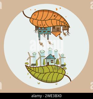 Il diverso paesaggio ambientale fabbrica e foresta, concetto di ecologia della terra verde informazioni verdi con ecologia e città verde di energia sa Illustrazione Vettoriale