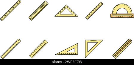 Set di icone dei righelli scolastici. Insieme di contorni delle icone vettoriali del righello scolastico colore delle linee sottili piatto su bianco Illustrazione Vettoriale