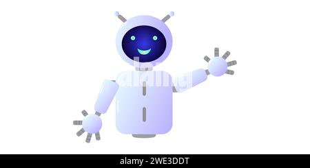 Assistente chatbot forma robot con ai 3d. Rete neurale bot simpatica e simpatica. Mano isolata con onde di carattere. Progettazione di siti web di applicazioni di social networking. Illustrazione vettoriale. Illustrazione Vettoriale