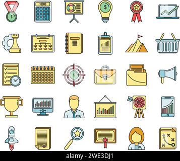 Set di icone Business Product Manager. Serie di icone vettoriali Business Product Manager linea sottile piatta su bianco Illustrazione Vettoriale