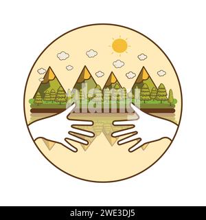 Le mani ecologiche abbracciano il concetto di albero verde.paesaggio naturale ecologico.illustrazione vettoriale Illustrazione Vettoriale