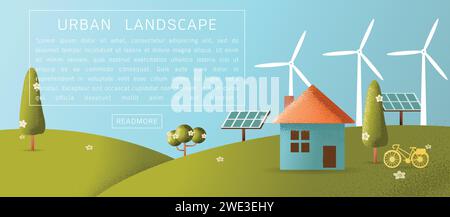 Casa ecocompatibile - energia solare, energia eolica, energia verde, paesaggio urbano, ecologia di energia rinnovabile ecologica domestica, illustrazione del concetto di stile Vector texture Illustrazione Vettoriale