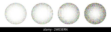 Oggetti rotondi punteggiati, elementi vintage. Gradiente di dissolvenza. Stippling, disegno a puntini, ombreggiatura con punti. Effetto disintegrazione colorata Illustrazione Vettoriale