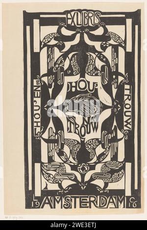 Ex Libris della Hou'en Trouw Association, Carel Adolph Lion Cachet, 1916 stampa al centro due mani che si scuotono a vicenda. Sinistra verticalmente 'Hou' e ', sulla destra verticale' Faithful '. Uccelli stilizzati sopra e sotto. Carta di Amsterdam che stringe la mano, "dextrarum junctio". Birds Amsterdam Foto Stock