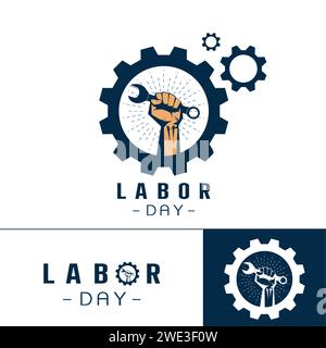 Set di Logo di Labor Day Concept con logo vettoriale con chiave a mano, disegno della t-shirt del giorno del lavoro, modello di banner americano su sfondo bianco Vector Illustrazione Vettoriale