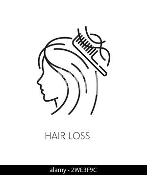 Icona di perdita dei capelli, segno lineare vettoriale isolato per la cura e il trattamento dei capelli, presenta una rappresentazione semplificata di una testa femminile con sfoltimento o caduta di capelli sul pettine, a simboleggiare il problema di bellezza Illustrazione Vettoriale