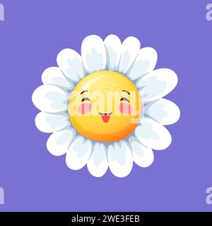 Sorriso in camomilla, fiore a margherita o personaggio in camomilla, volto emoji vettoriale. Emoticon kawaii con camomilla o fiore a margherita con la lingua fuori e timido arrossisce le guance per mascotte dei bambini Illustrazione Vettoriale